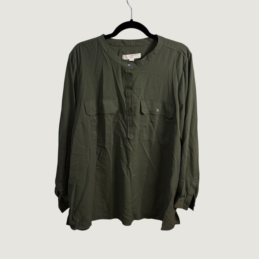 LOFT Plus Size 16 Olive Green Utility Blouse Long Sleeve Pocket Earthy Fall Boho